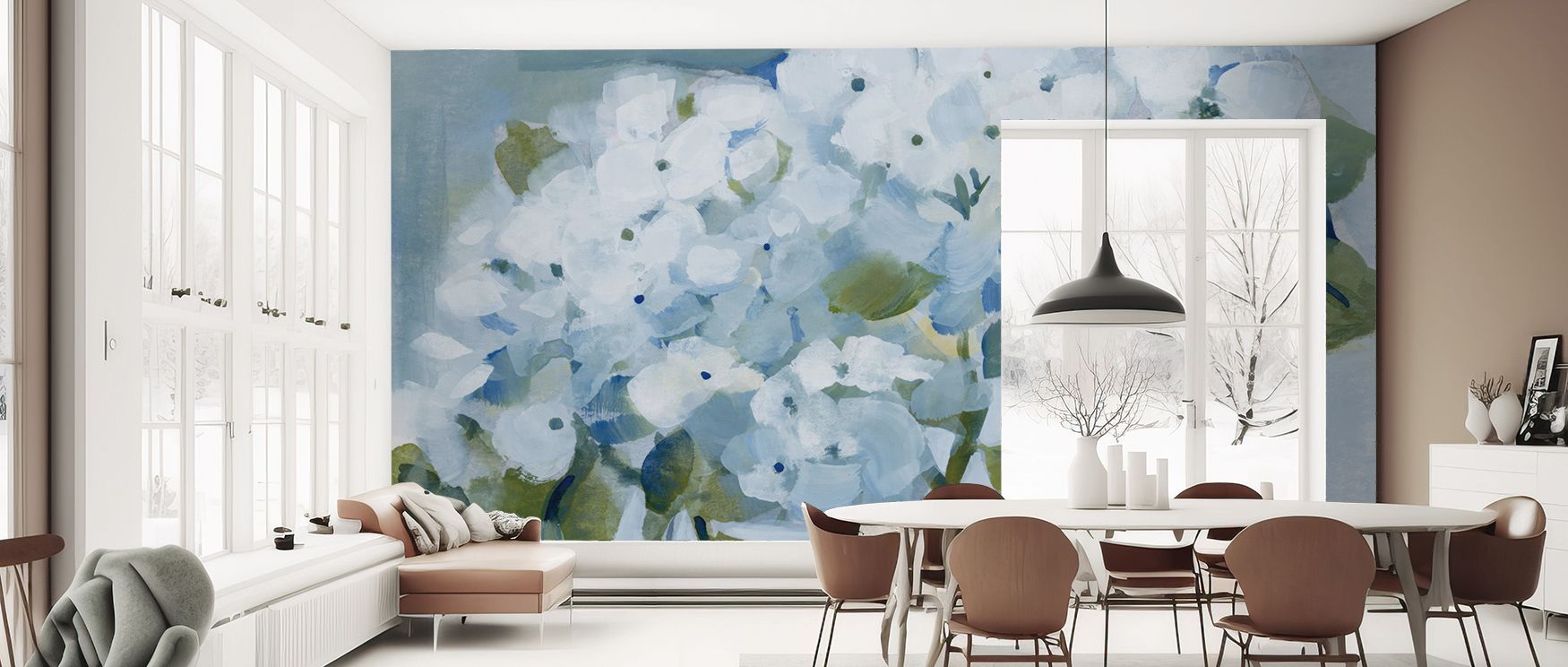 A matte impression dominates Spring Cottage Hydrangeas Floral Wallpaper so glare does not flatten the petal architecture. Tonal hierarchy stacks from ground to mid to highlight in gentle steps. The floral mass behaves like low relief carving. Shifts are g