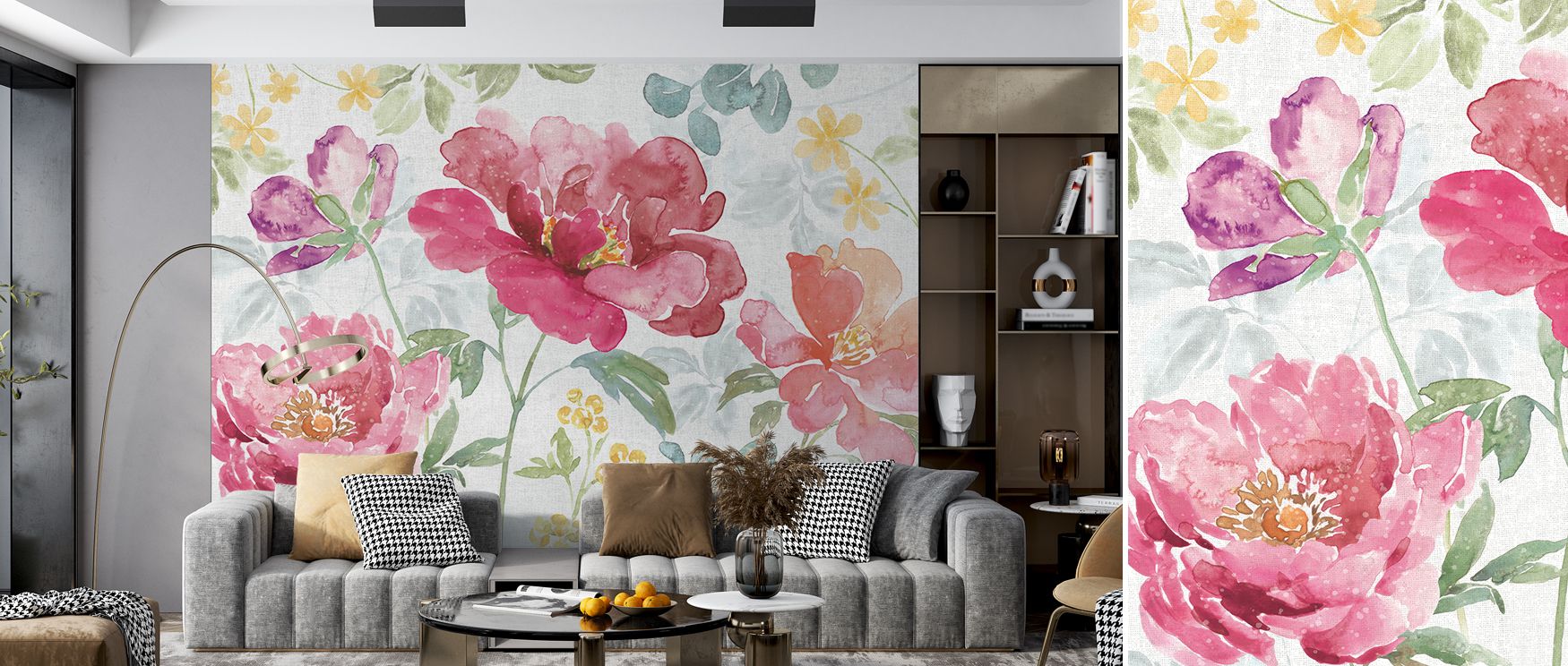 The ground of Springtime Bloom I Floral Wallpaper carries a faint paper tooth simulation, enough to warm the print and reduce sheen. This under-texture adds artisanal credibility without noise. Edges of blooms shade into it seamlessly. Seamless transition