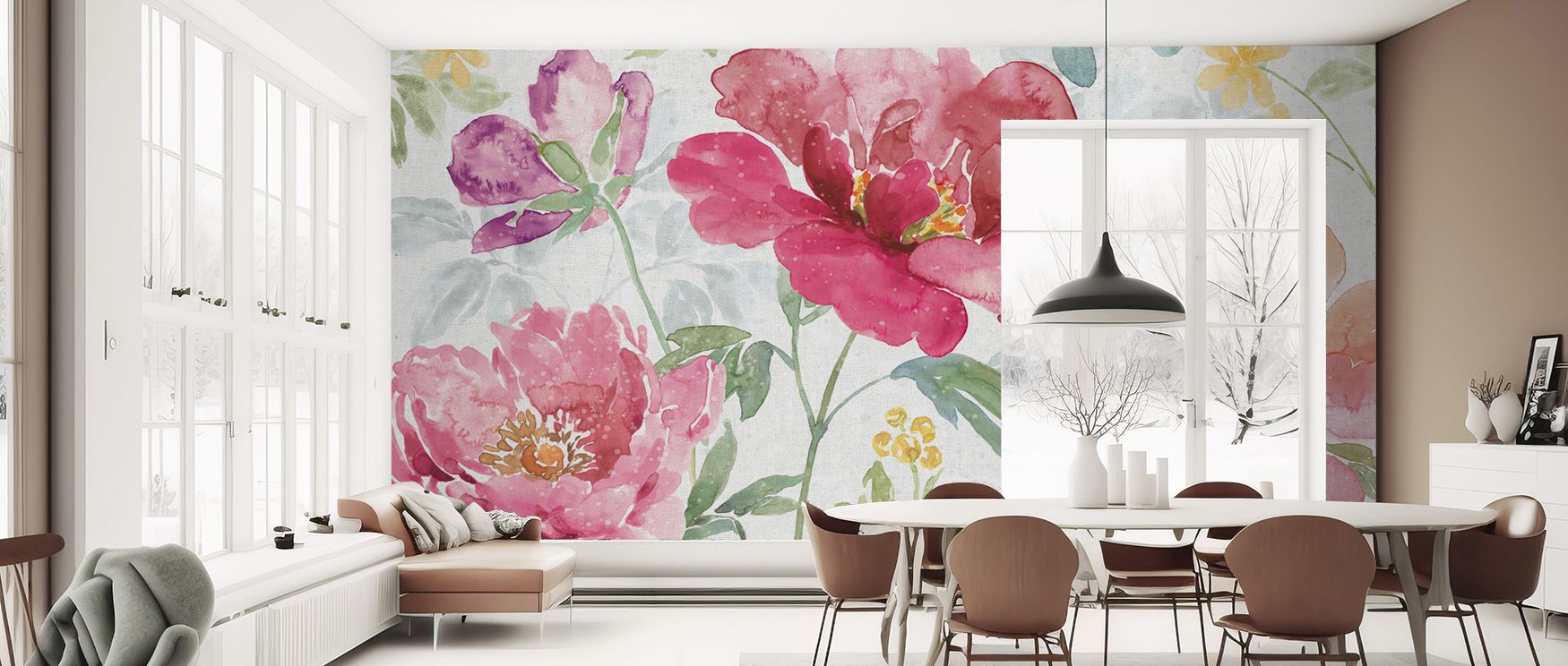 Line character of Springtime Bloom I Floral Wallpaper is pencil-true and slightly softened at turns to avoid brittleness. Corners round subtly, echoing petal curvature. Where blossoms meet stems, junctions are tapered to keep grace. The drawing avoids out
