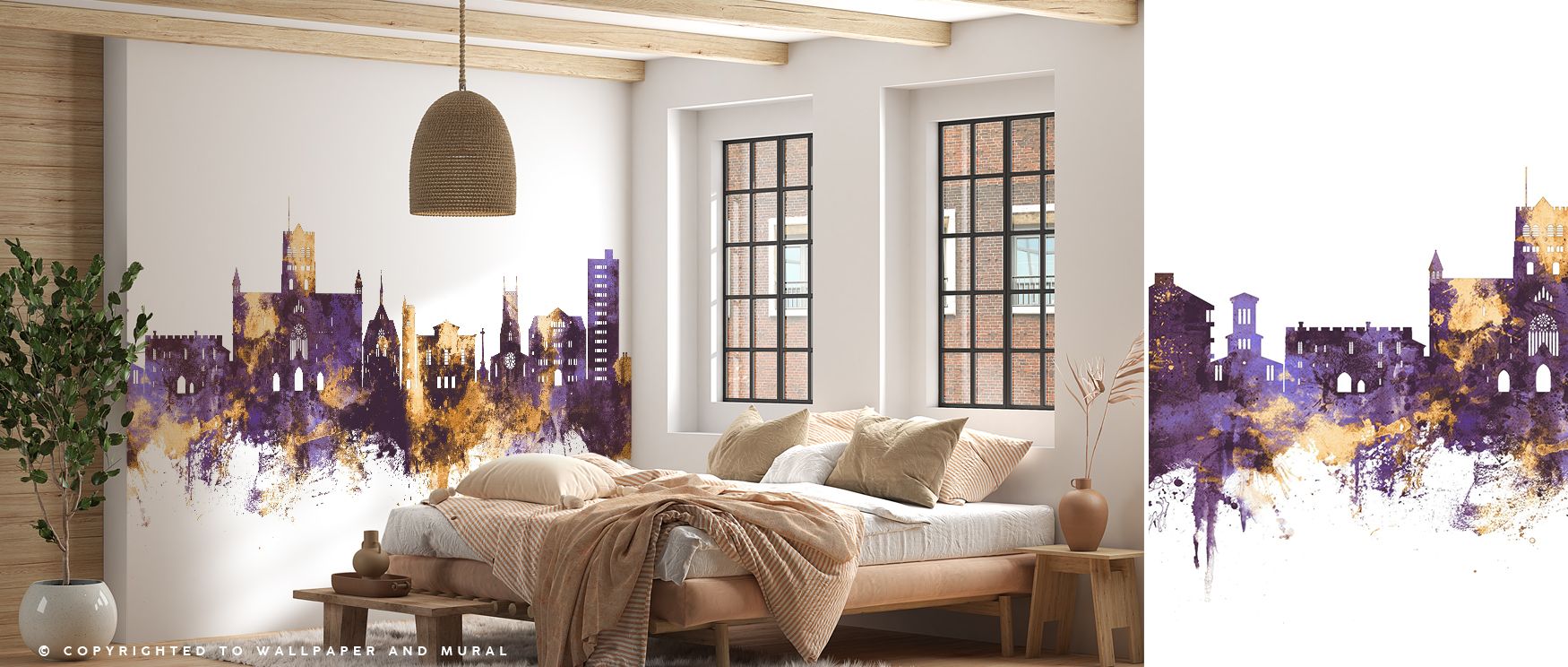 St Albans England Skyline Purple & Gold Wallpaper arranges silhouettes in stepped layers to suggest depth without perspective lines. Purple fields anchor mass while gold marks trim edges sparingly. The geometry is crisp, avoiding cluttered detail. Negativ