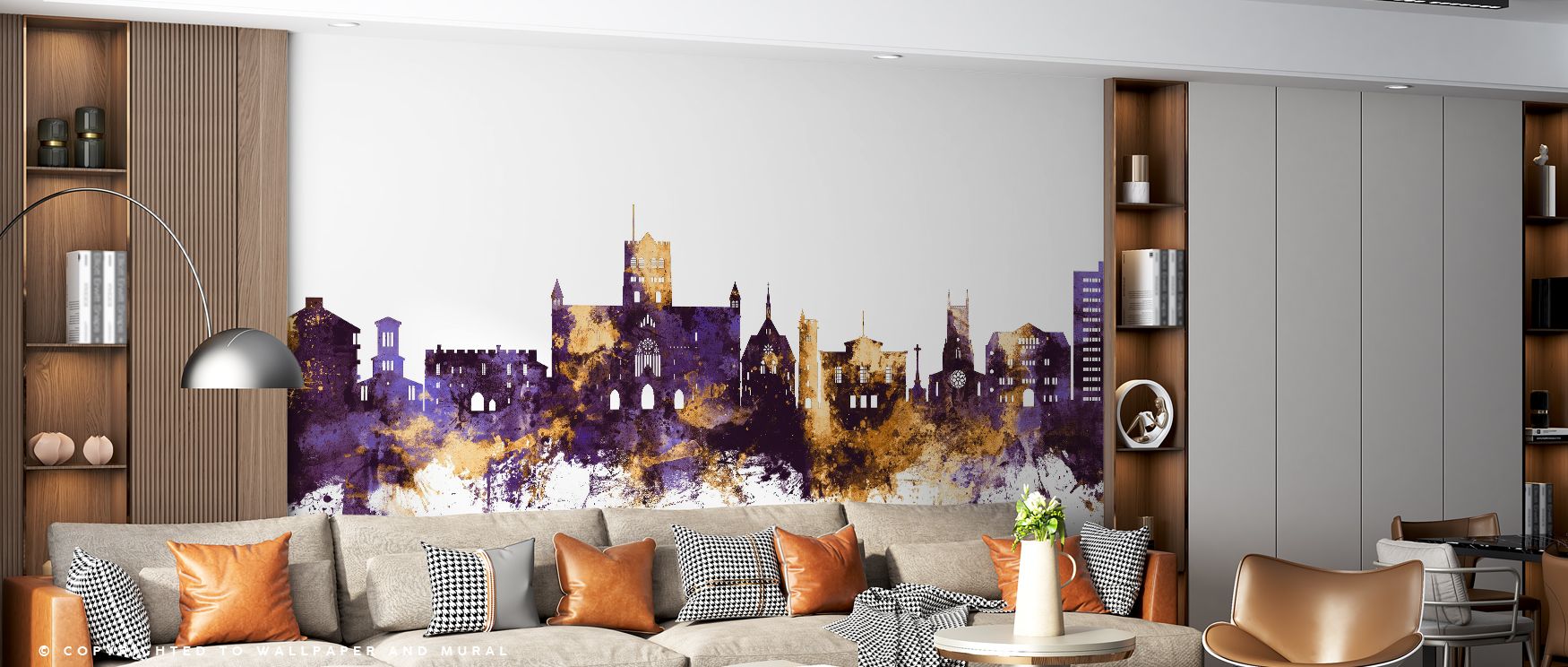 A restrained metallic glint in St Albans England Skyline Purple & Gold Wallpaper sketches cornices and finials with quiet precision. Highlights sit thin, like leafing rather than paint fills. This keeps glare down and contour legible. Purple stays saturat