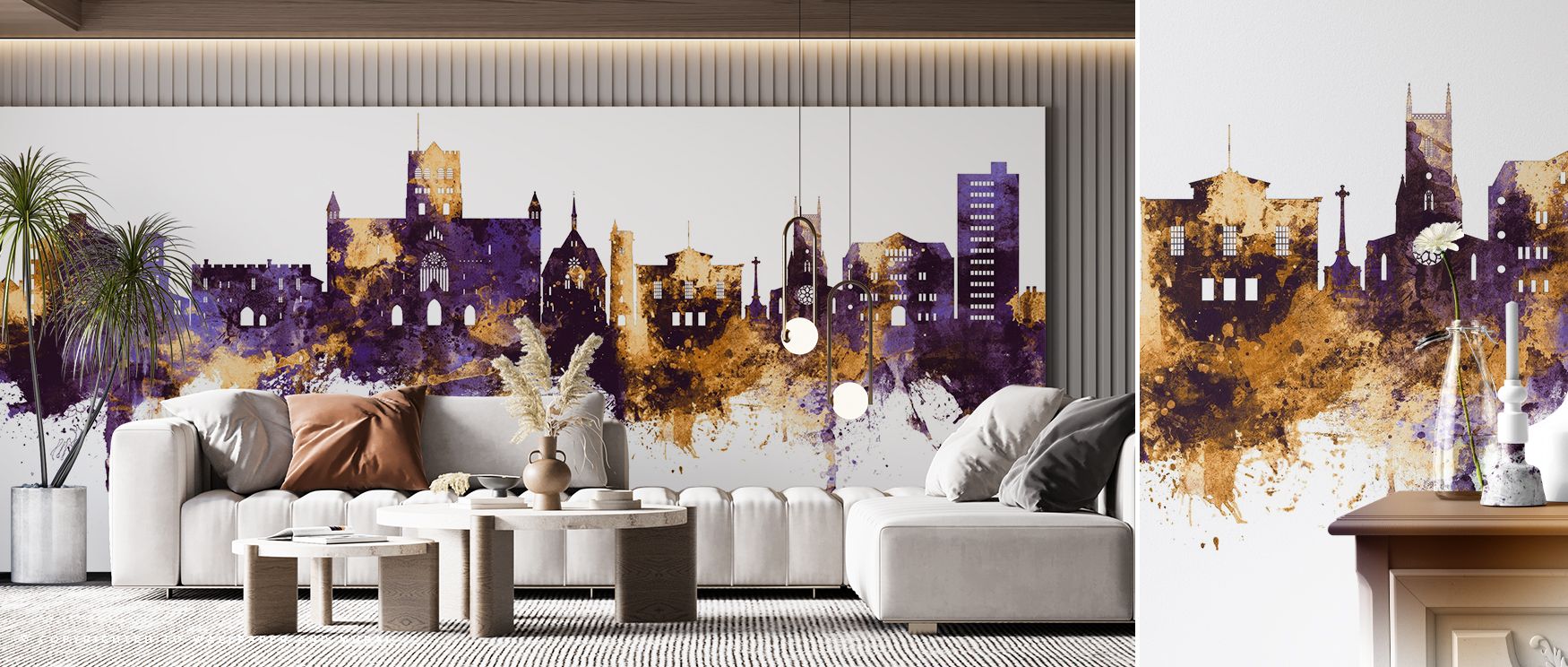The skyline cadence in St Albans England Skyline Purple & Gold Wallpaper uses repeating bays and tower intervals to build tempo. Bays widen and narrow methodically. Towers punctuate, not dominate. Gold accents act as metronome taps along the roofline. The