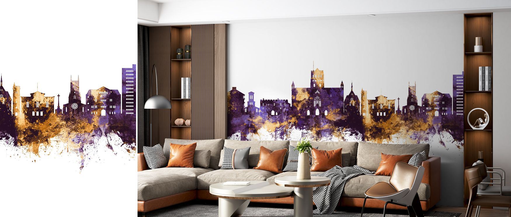 Line work in St Albans England Skyline Purple & Gold Wallpaper remains even in weight with slight softening at overlaps to prevent buzzing edges. Edges nest into the purple body tone gently. Overprint avoids haloing. Halo would cheapen the silhouette. Sil