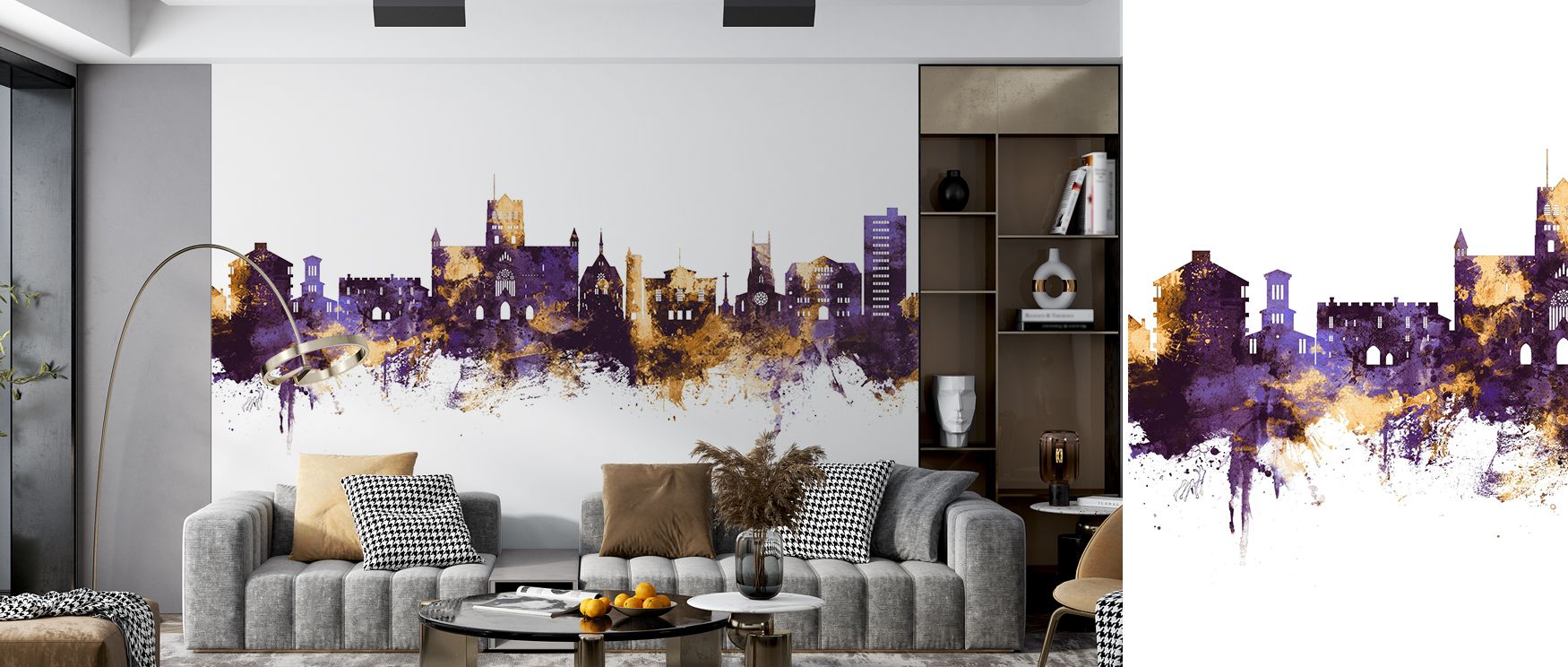 Tonal mapping within St Albans England Skyline Purple & Gold Wallpaper leverages two values of purple to separate planes subtly. Foreground sits fractionally darker. Mid planes lift a step to prevent collapse. Gold bridges the planes with gleam. Gleam is 
