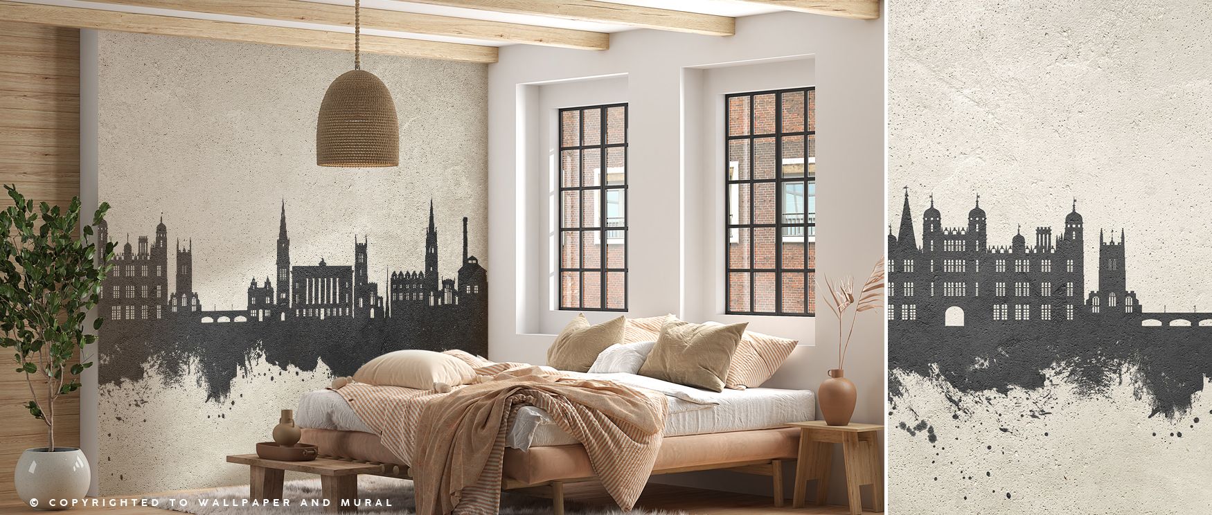 Stamford England Skyline Concrete Wallpaper organizes building profiles into tempered tiers, creating a field that breathes between forms. Neutrals step from cool mid to warm gray to keep planes separated. Outlines are concise and unfussy. Negative sky ac