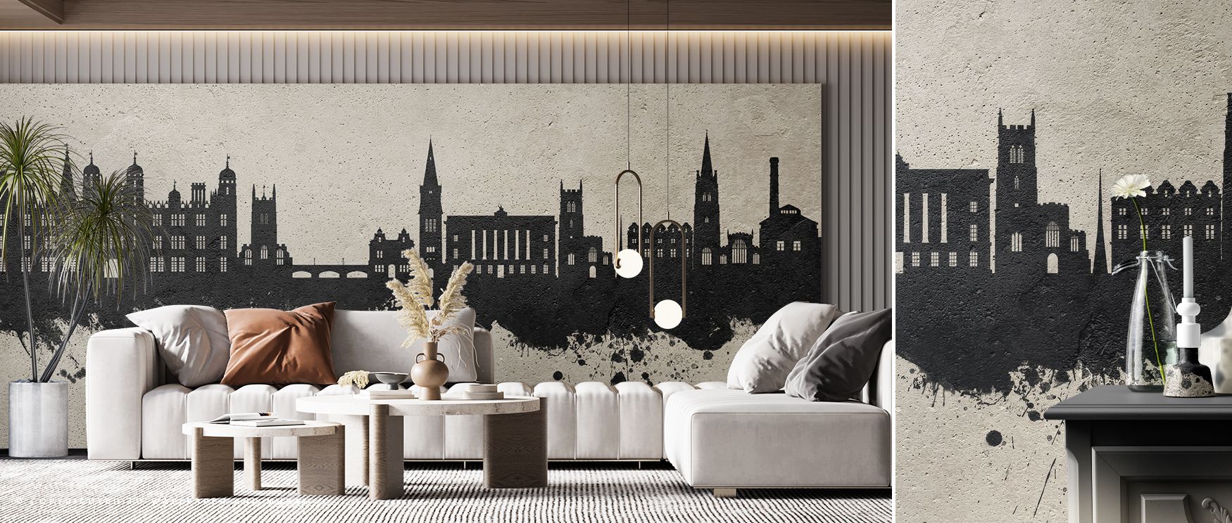 Massing logic in Stamford England Skyline Concrete Wallpaper balances broad blocks with slim verticals to create counterweights. Counterweights stop monotony. Subtle shadow infill suggests recess without literal texture. Texture is intuited. Intuition kee