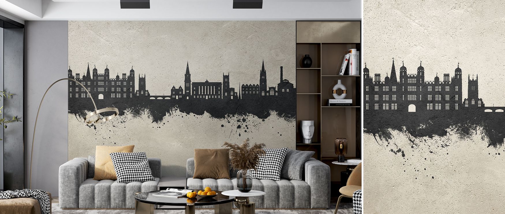 Repeats in Stamford England Skyline Concrete Wallpaper align key rooflines across seams so continuity persists. Profiles stitch cleanly without step. Step would fracture the flow. Flow remains uninterrupted. Uninterrupted reading equals calm. Calm equals 