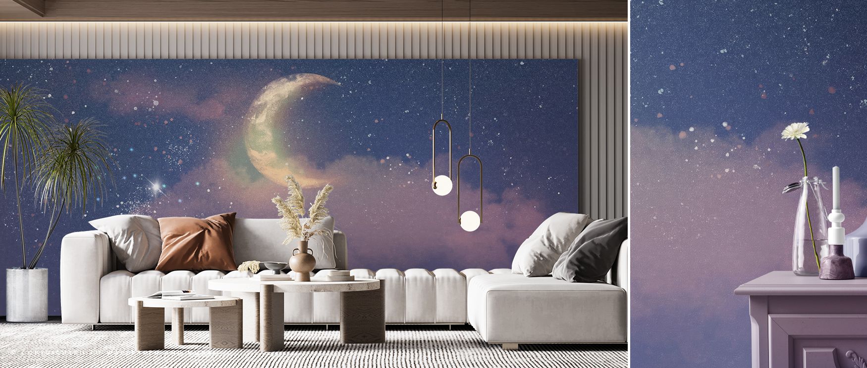Layers of scattered light create movement across the design, echoing galaxies and cosmic depth. Interiors gain both calmness and drama, balanced by the harmony of colors. Bedrooms and offices alike become immersive retreats of creativity and rest. 