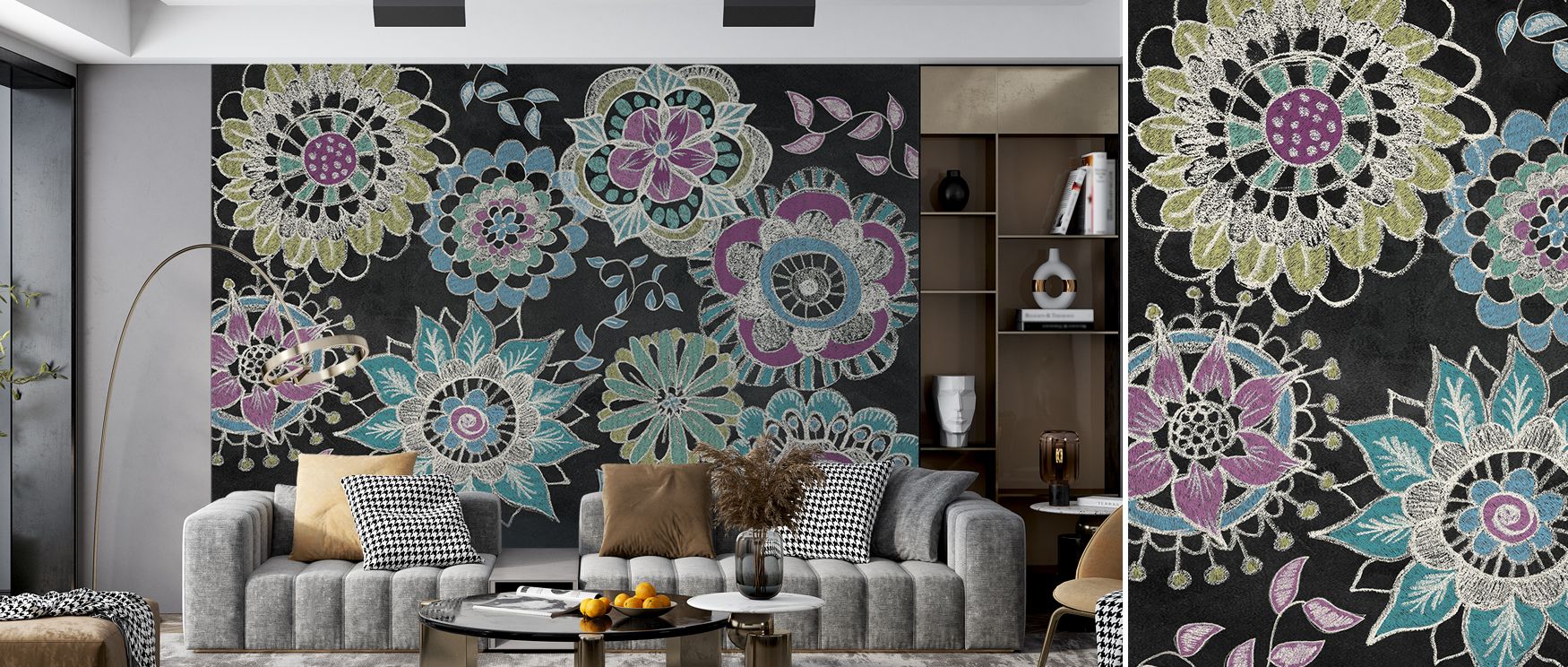 The design’s refreshing character makes it adaptable, suitable for sleek modern rooms as well as eclectic interiors. Its cool palette blends with various furnishings, ensuring the wallpaper elevates without overwhelming. Perfect for offices that need a se