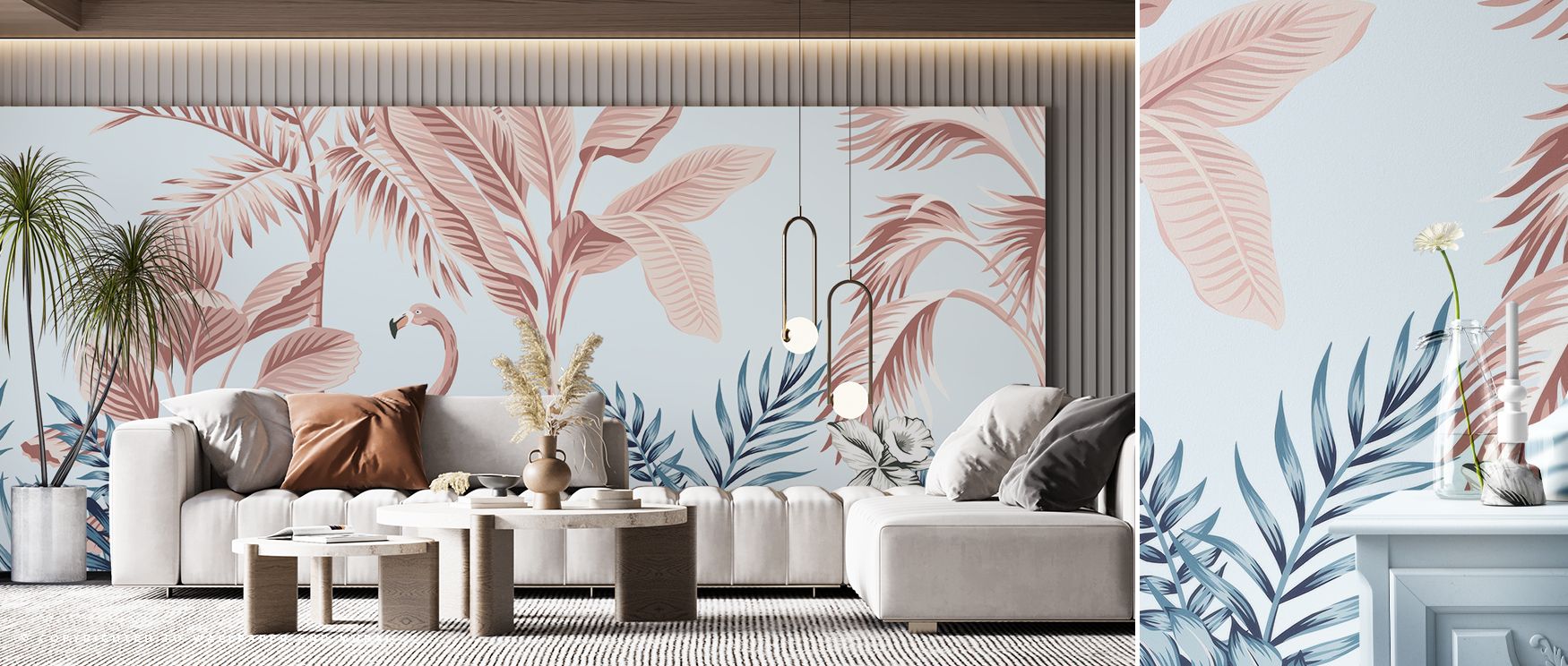 With its elegant details, this wallpaper creates an atmosphere where tropical refinement meets contemporary style. Flamingos appear as artistic figures enhancing visual storytelling across interiors. Perfect for living rooms seeking an exotic highlight or