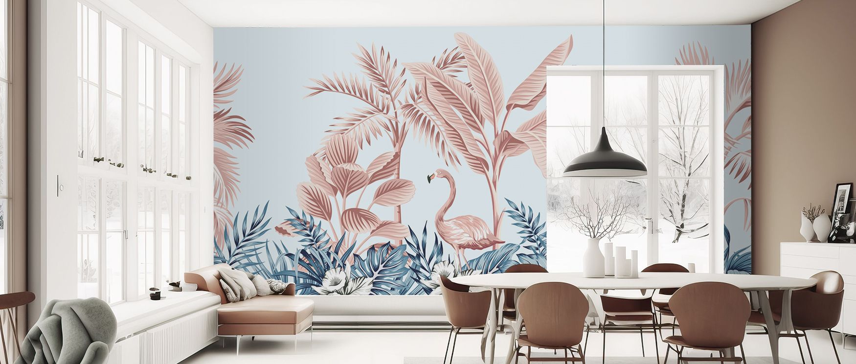 Defined by its blend of subtle vibrancy and elegance, the wallpaper enhances interiors with refined tropical notes. Bedrooms glow with tranquility, while living rooms shine with sophistication. Its artistic detailing ensures visual appeal from every angle