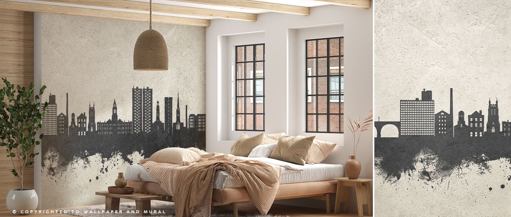 The Stockport England Skyline Concrete Wallpaper captures the architectural outline of Stockport in refined urban tones, blending heritage with modern minimalism. Its cool neutral palette makes it versatile, enhancing bedrooms with understated calm and en
