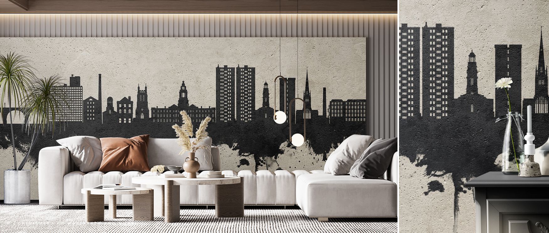 The wallpaper’s elegant interpretation of Stockport’s skyline ensures timeless appeal. Neutral tones complement various furniture styles, making it a versatile choice. Living rooms gain urban charm, bedrooms a calm backdrop, and offices a professional ton