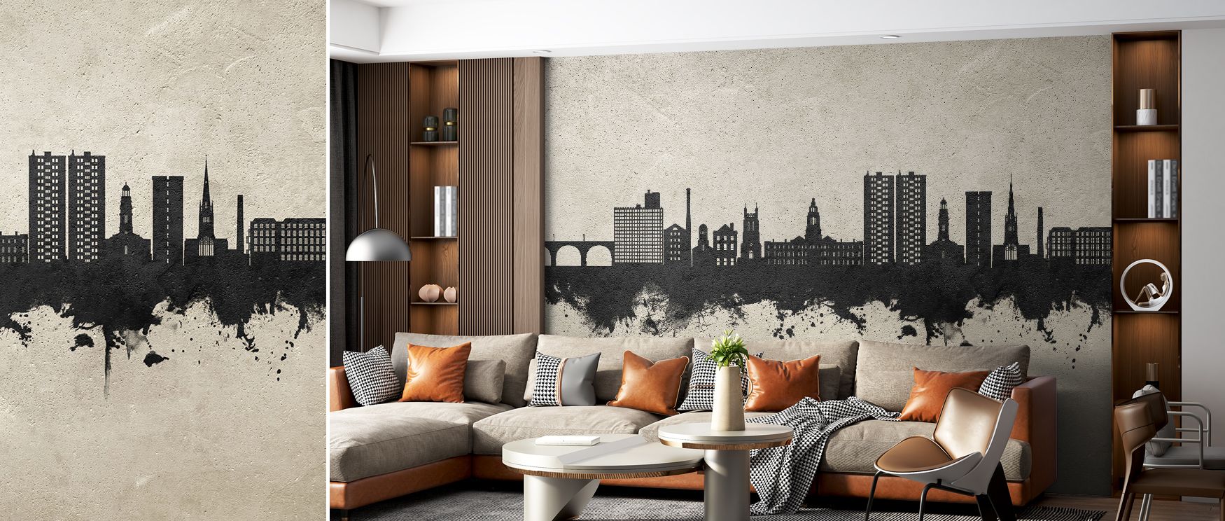 Urban sophistication defines this wallpaper, where Stockport’s skyline imagery is paired with modern concrete tones. It transforms interiors with contemporary flair, while its subtle charm adds warmth. Perfect for bedrooms seeking serenity or offices requ
