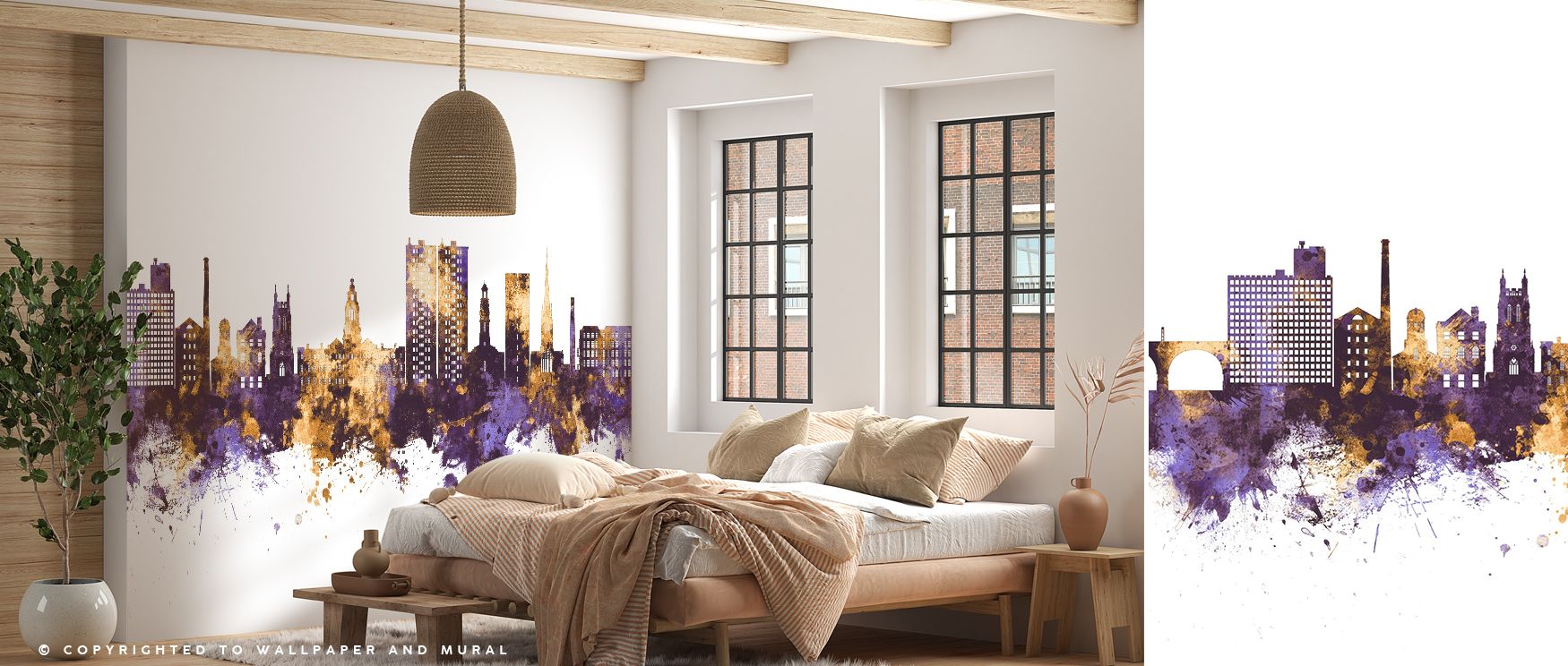 Purple hues flow across the wallpaper, contrasting with golden highlights that shimmer through the skyline. This design enriches rooms with urban luxury, transforming bedrooms into elegant retreats and offices into sophisticated hubs of pride. Living room