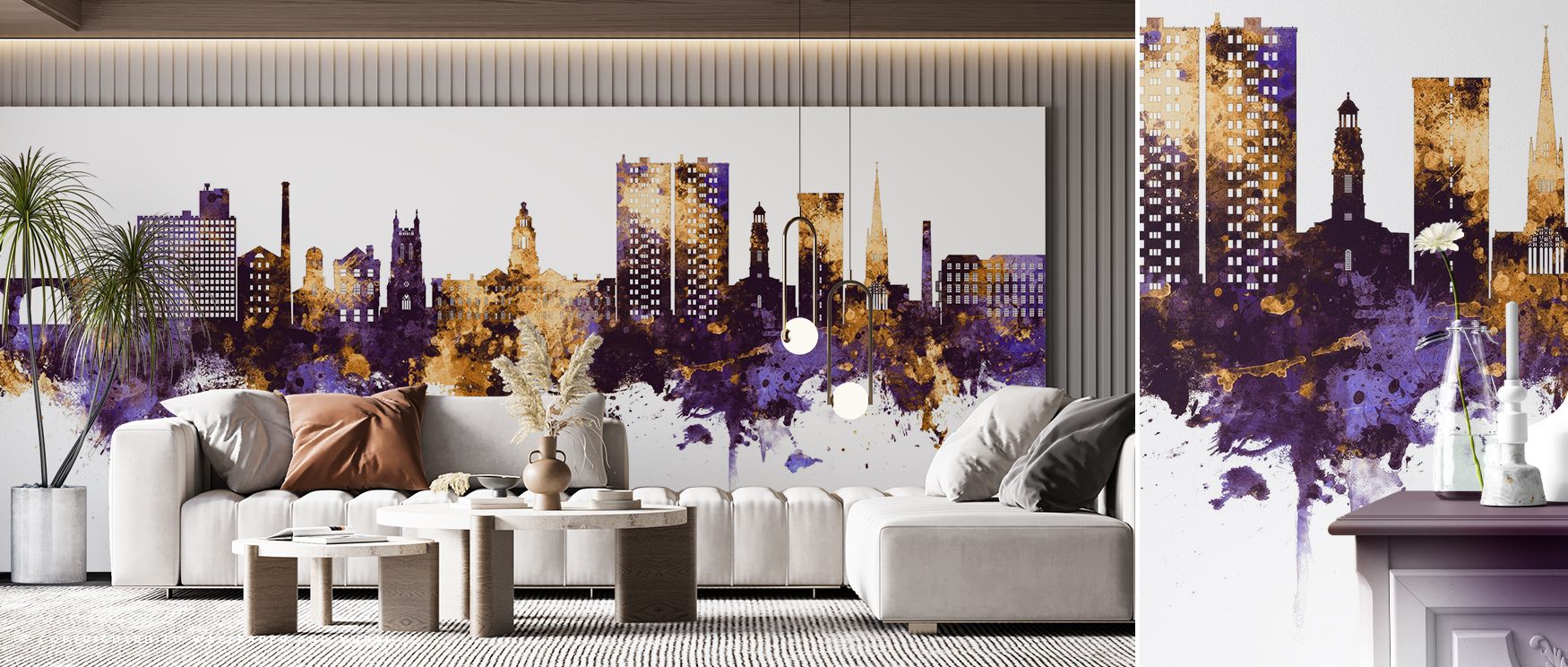 Golden highlights shimmer gently against the purple backdrop, bringing subtle luxury to interiors. Bedrooms styled with this design glow with warmth and calm, while living rooms become conversation-worthy spaces that reflect style and charm. Offices gain 