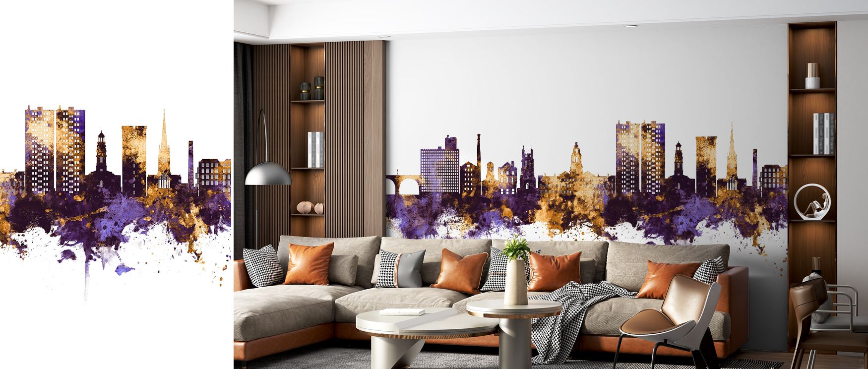 The urban silhouette emerges with strength, softened by refined color blending. This wallpaper offers interiors character while remaining adaptable. It creates rooms that feel inspiring, stylish, and balanced with artistic energy. 