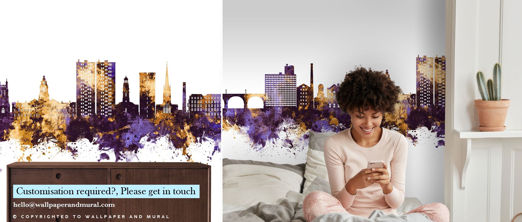 The contrast of purple and gold creates a mural with enduring allure, one that suits multiple spaces. Bedrooms benefit from its moody elegance, while offices and living rooms gain urban vibrancy that inspires daily. 