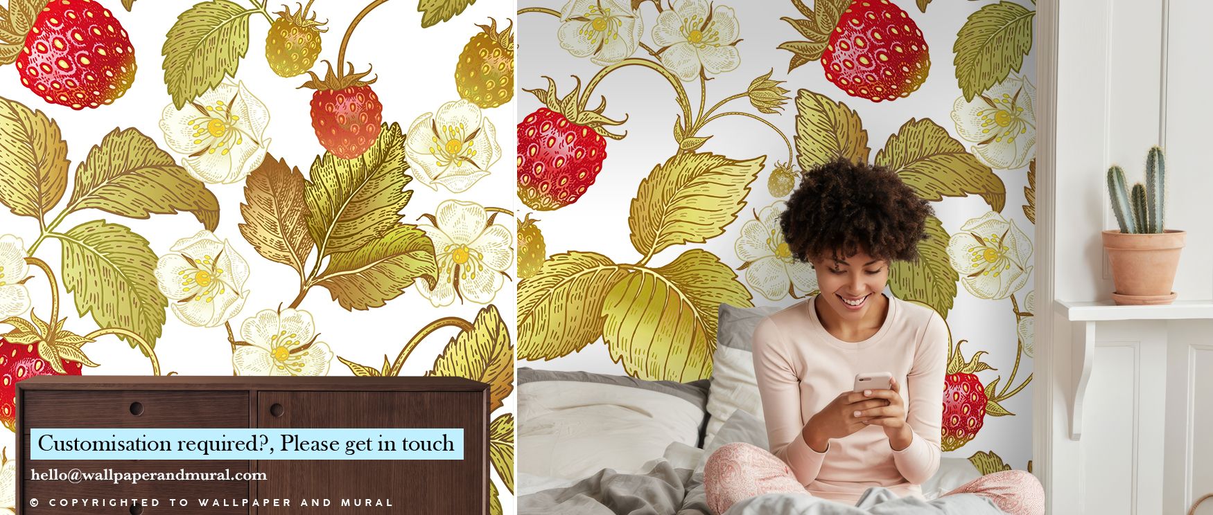 Across the pattern, broad leaves form a steady base while fruit pops with tonal brightness. This balance ensures harmony between ground and detail. The atmosphere is pastoral but polished, carrying the refinement of illustrative craft. Strawberry Field Wa
