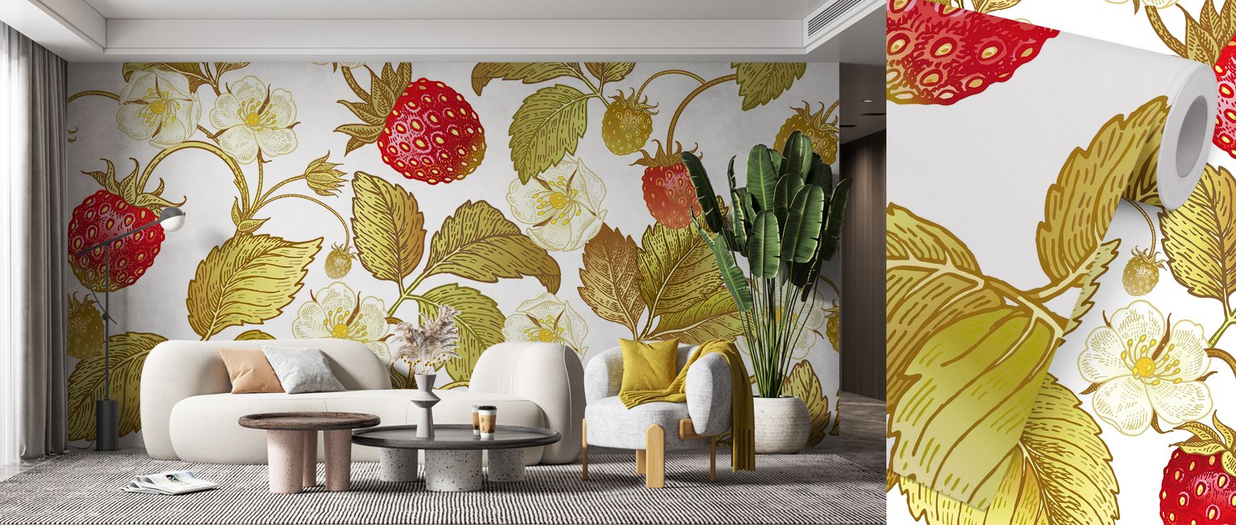 Foliage structures interlace gracefully, their veins drawn with subtle shading. Strawberry Field Wallpaper positions fruit as focal glimmers, guiding the eye softly across the field. No harsh outlines intrude. Gradients breathe depth into surfaces. The co