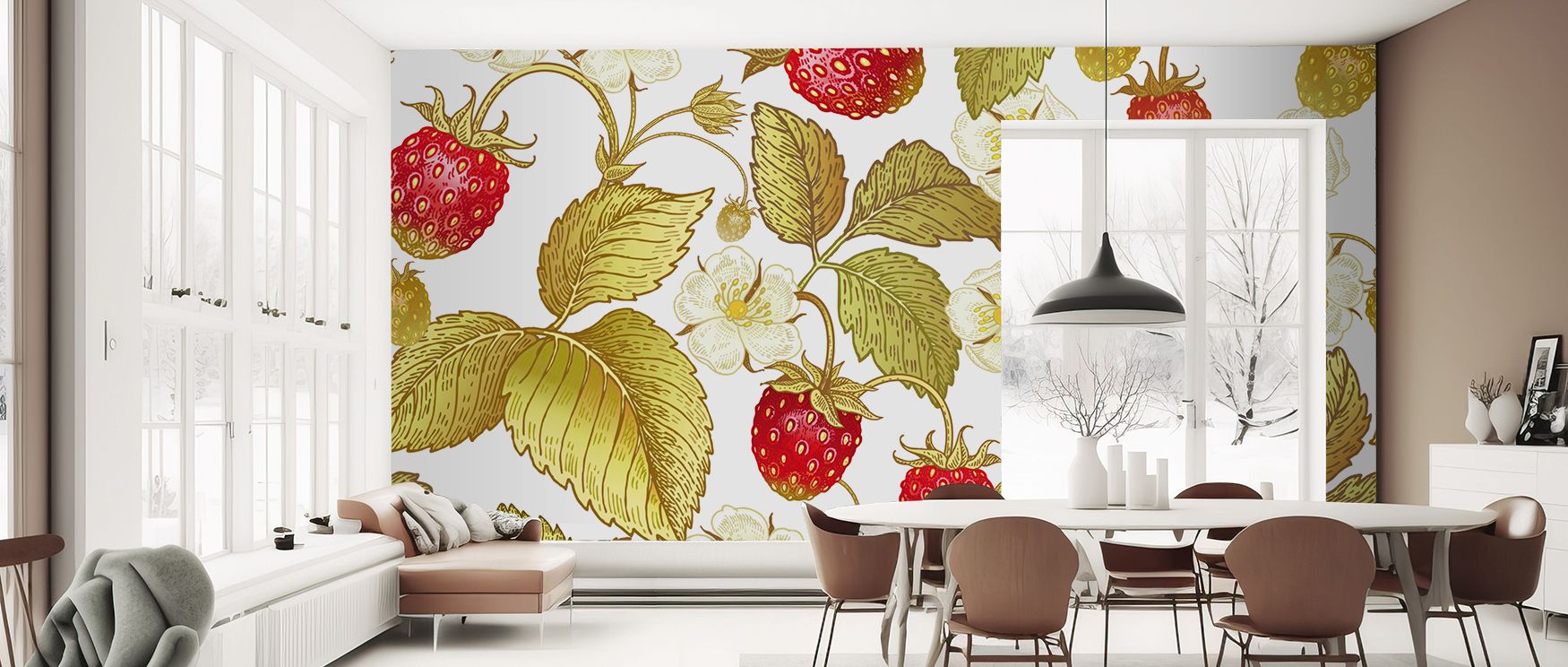 Details of calyx and stem remain crisp but understated, supporting the fruit without distraction. Strawberry Field Wallpaper arranges each berry in thoughtful cadence, highlighting nature’s form. Color variation is soft and believable. Shadows rest lightl