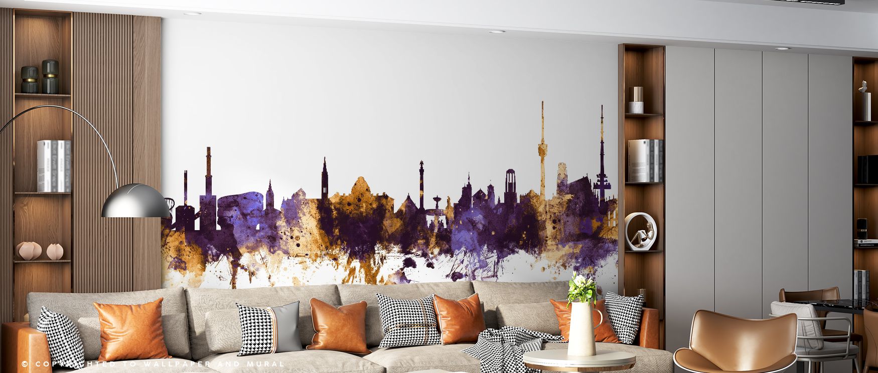 Gold detailing tips cornices and crown lines, gleaming lightly against purple. Stuttgart Germany Skyline Purple & Gold Wallpaper balances these touches carefully. The palette feels rich yet controlled. Structure remains primary. Accents act like punctuati