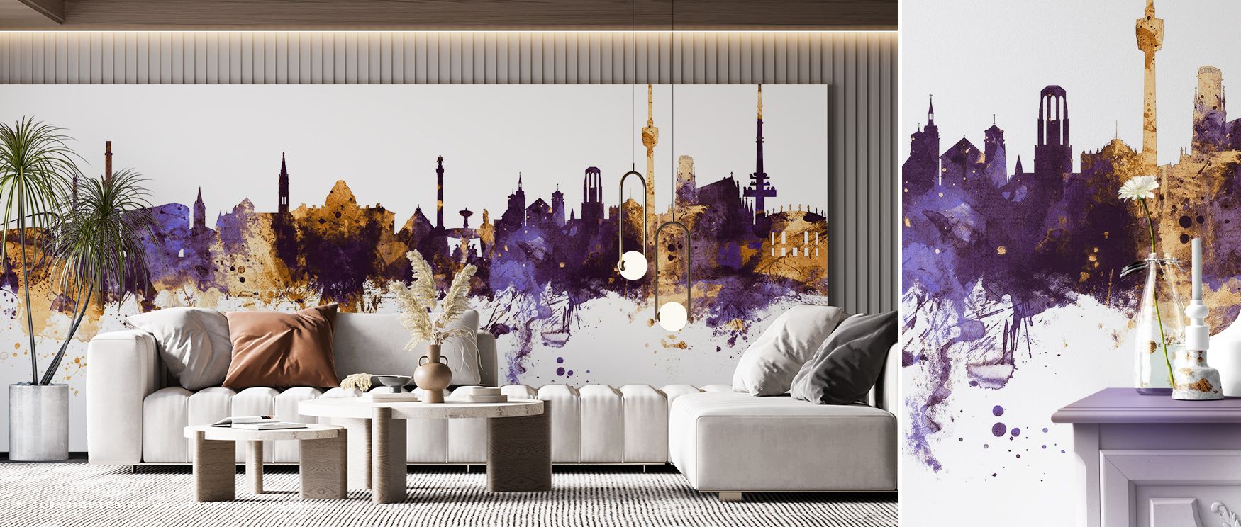Tonal layering suggests depth without crowding. Stuttgart Germany Skyline Purple & Gold Wallpaper staggers silhouettes so fore mass feels weighted and rear mass lifts lighter. Purple shades vary subtly. Gold strokes add dimension. The effect is luminous y