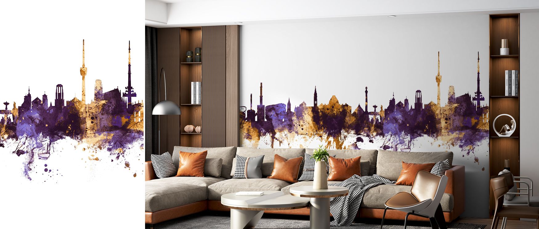 Fore structures remain crisp in contour, while mid planes soften slightly. Stuttgart Germany Skyline Purple & Gold Wallpaper maintains hierarchy through line and tone. Seams align outlines precisely. Continuity flows. Surfaces breathe. The skyline feels e