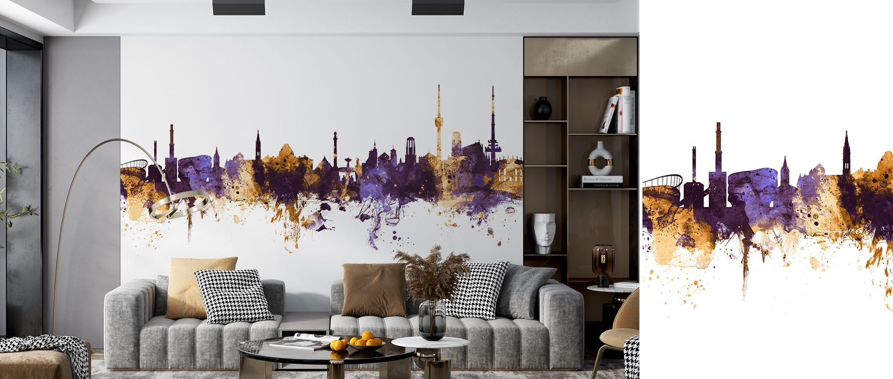 Ground tone stays matte to absorb stray light, protecting vibrancy. Stuttgart Germany Skyline Purple & Gold Wallpaper avoids glare, ensuring gold accents shine measuredly. Purple retains depth across panels. Surfaces stay regal without heaviness. Rhythm r