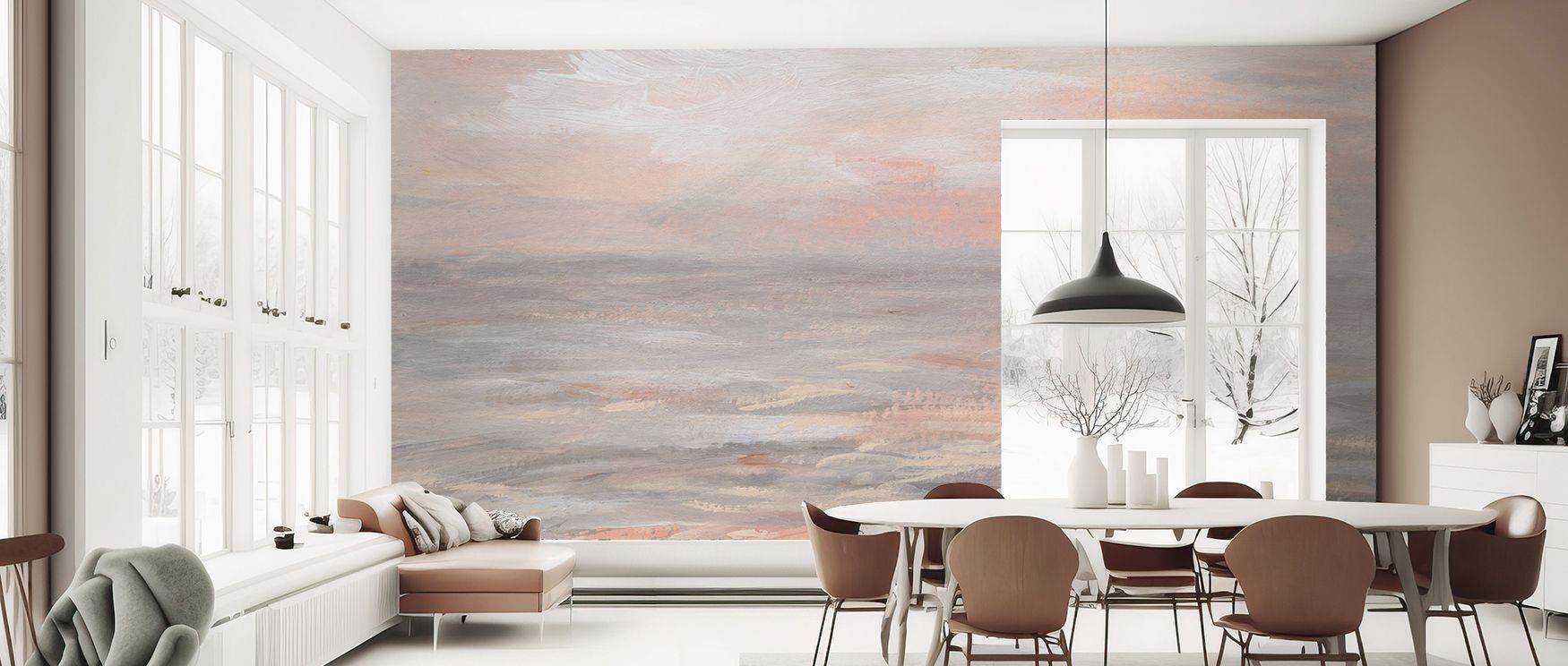 Palettes draw from natural morning tones—soft orange, pale blue, dusky violet. Sunrise Waters Wallpaper applies them thoughtfully. Colors blend softly. Edges dissolve gently. The look stays cohesive. Depth flows consistently. Surfaces maintain order. Refi