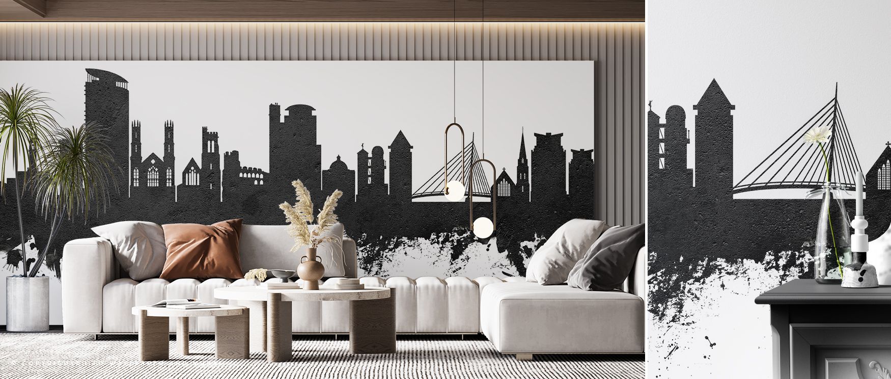 Fore silhouettes ground imagery firmly. Swansea Wales Skyline Black & White Wallpaper maintains cadence with precise outlines. Mid tones add balance. No clutter intrudes. Negative space breathes. Order remains steady. The look reads clear. Decorative pres