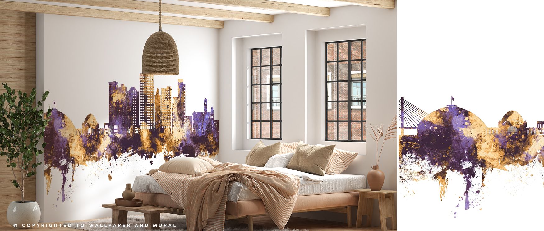 Gold accents thread along precise rooflines as purple grounds deepen the massing; Tacoma Washington Skyline Purple & Gold Wallpaper keeps silhouettes calm and urbane. Rhythm reads steady across living room walls. Negative space breathes between towers. De
