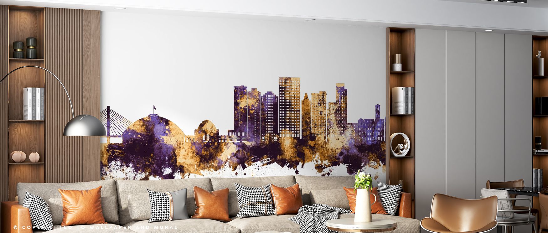 A tiered skyline advances in balanced steps so distance appears naturally; Tacoma Washington Skyline Purple & Gold Wallpaper uses tonal hierarchy for quiet perspective. Offices gain a confident backdrop. Purple carries gravitas. Gold marks guide gently. N