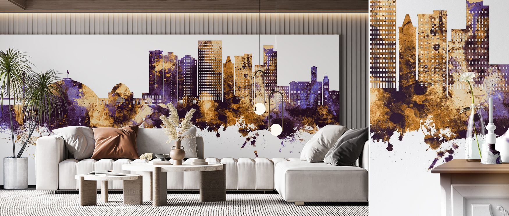 Select spires receive a linear gleam that travels across panels; Tacoma Washington Skyline Purple & Gold Wallpaper distributes highlights sparingly. Bedrooms read serene, not flashy. Fore planes hold weight. Mid planes lift lightly. Sky remains breathable