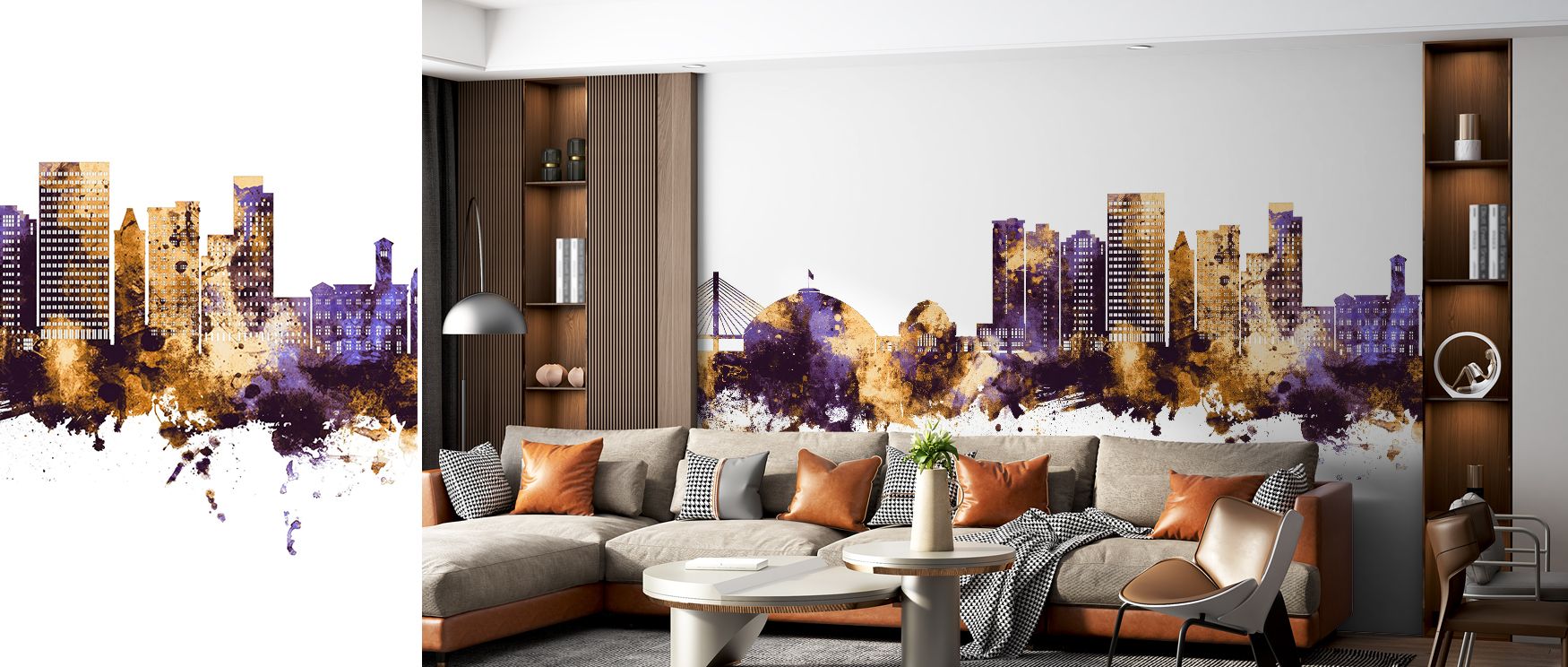 Edge handling softens at overlaps to avoid buzzing halos; Tacoma Washington Skyline Purple & Gold Wallpaper keeps profiles noble. Conference walls benefit from clarity. Gold acts as punctuation, not fill. Silhouettes remain sovereign. Flow continues clean