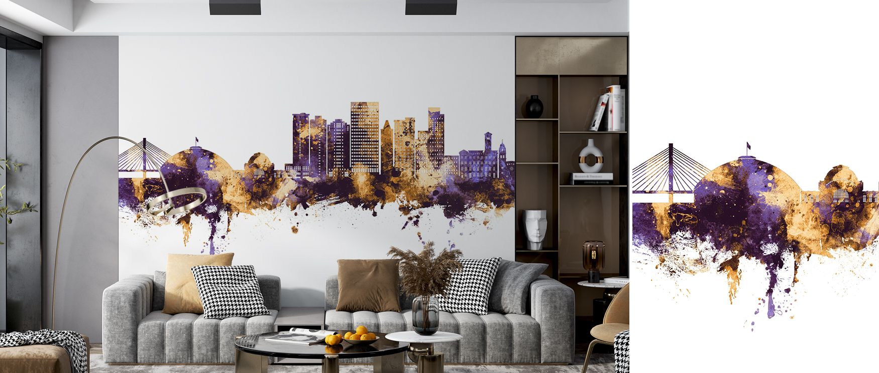Roofline cadence alternates blocks and slim towers to prevent monotony; Tacoma Washington Skyline Purple & Gold Wallpaper tunes intervals intelligently. Study nooks feel focused. Lines speak clearly. Tones relate closely. Movement is calm. The skyline set