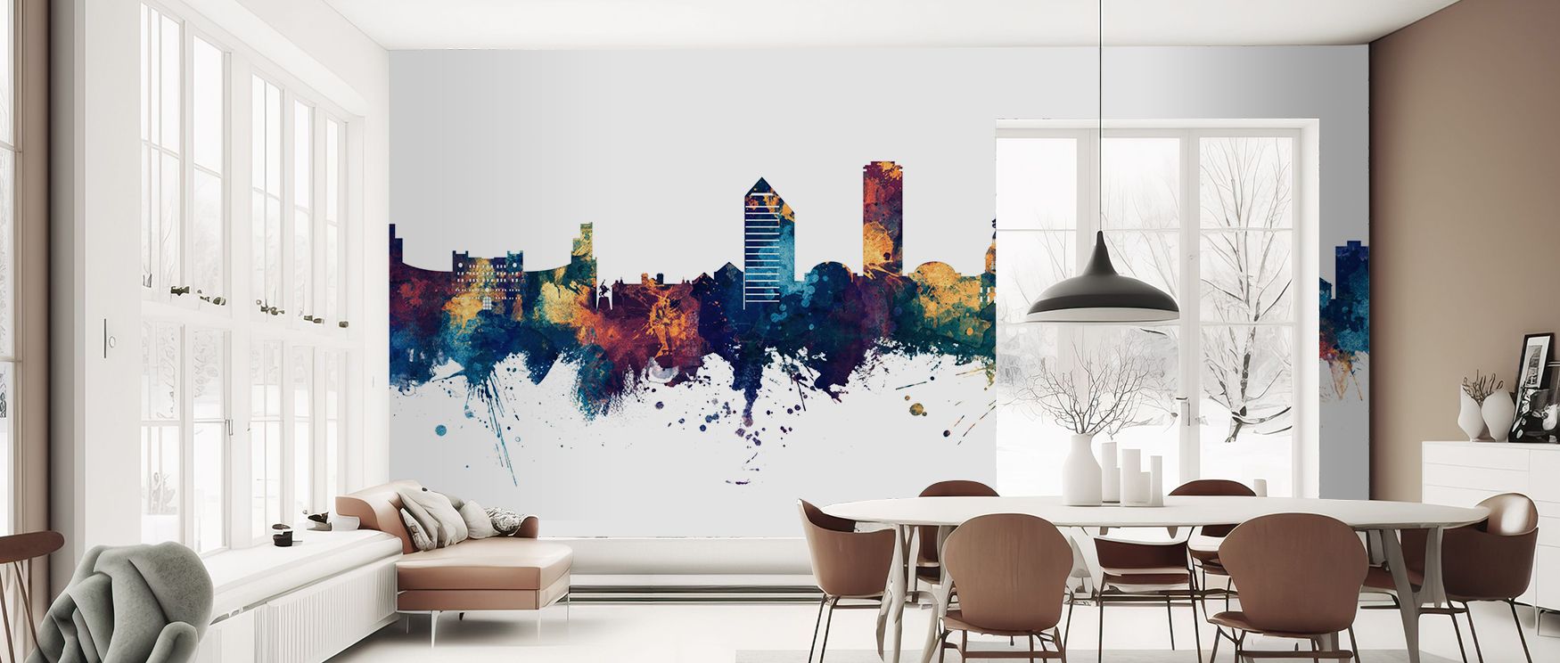 Subtle shadow infill at bases tethers forms without heaviness; Tallahassee Florida Skyline Blue & Bronze Wallpaper balances weight. Bedrooms keep calm. Edges soften slightly. Depth stays believable. The skyline holds posture. The mood stays composed. 