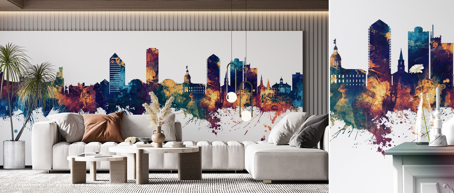 Negative sky frames architecture with measured air; Tallahassee Florida Skyline Blue & Bronze Wallpaper resists crowding for bedroom serenity. Rooflines align smoothly. Repeats hide well. Depth cues persist. Movement is balanced. Calm holds. Elegance ling