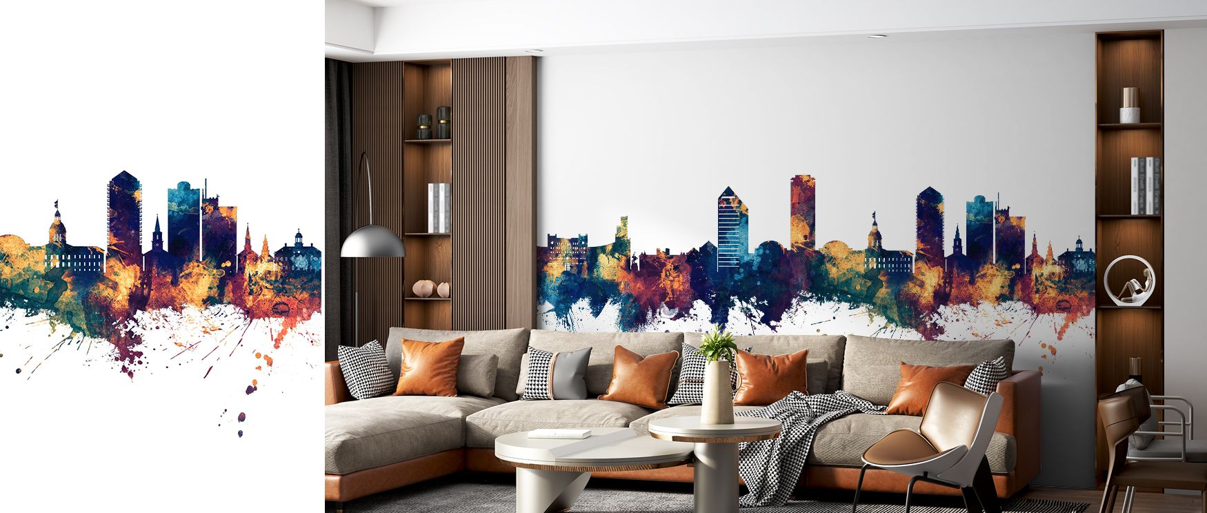 Metallic notes stay linear, not filled, protecting silhouette integrity; Tallahassee Florida Skyline Blue & Bronze Wallpaper treats light as punctuation. Meeting spaces benefit from restraint. Contours stay noble. Tones correlate closely. Pace stays even.