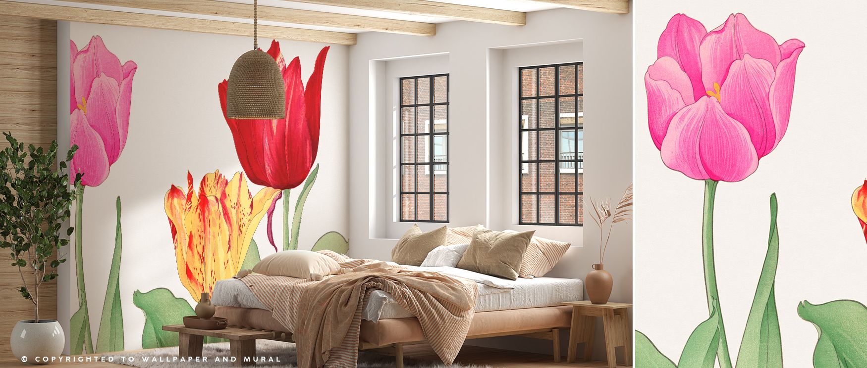 Petals arc in slender curves as leaves counterbalance with grounded shapes; Tanigami Tulips Wallpaper turns florals into lyrical order. Kitchen walls gain gentle freshness. Midtones hold structure. Highlights stay soft. Air flows easily. Rhythm stays calm