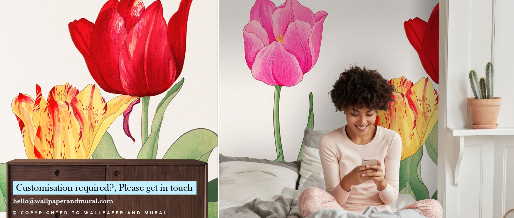 Buds nest beside open blooms to cue progression; Tanigami Tulips Wallpaper sustains cadence without clutter. Bedrooms feel poised. Contours read delicate. Transitions stay smooth. Negative space breathes. Balance holds steady. Elegance lingers. 