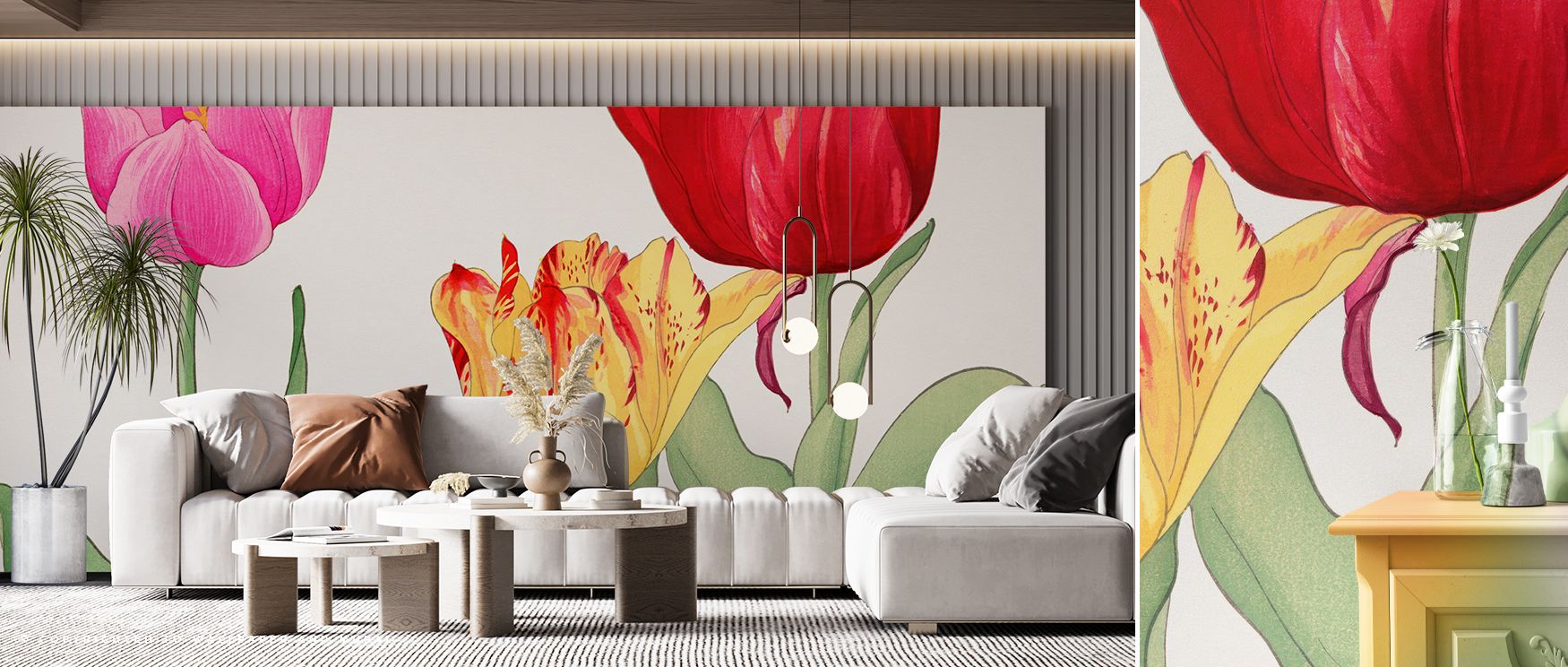 Cluster spacing alternates density and rest to avoid pattern fatigue; Tanigami Tulips Wallpaper curates a garden tempo. Dining areas feel open. Forms never compete. The field stays lyrical. Color remains tempered. Movement is graceful. Refinement stays ce