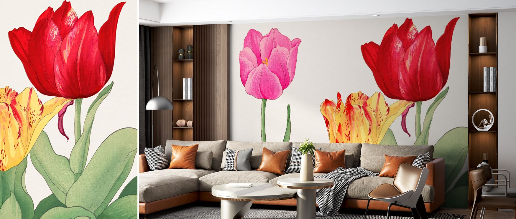 A soft palette of blush, cream, and leaf green settles into balance; Tanigami Tulips Wallpaper moderates chroma for longevity. Reading nooks glow gently. Nothing shouts. Surfaces appear matte. The drawing feels timeless. The mood stays tender. 