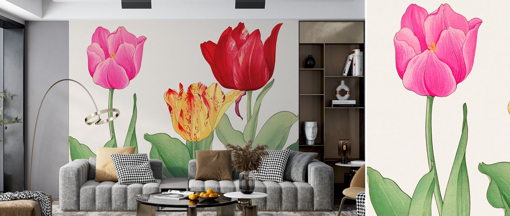 Negative space frames each cluster like pockets of air; Tanigami Tulips Wallpaper avoids crowding. Kitchen alcoves feel larger. Rhythm remains steady. Petals keep grace. Leaves carry weight. Balance reads true. Serenity prevails. 