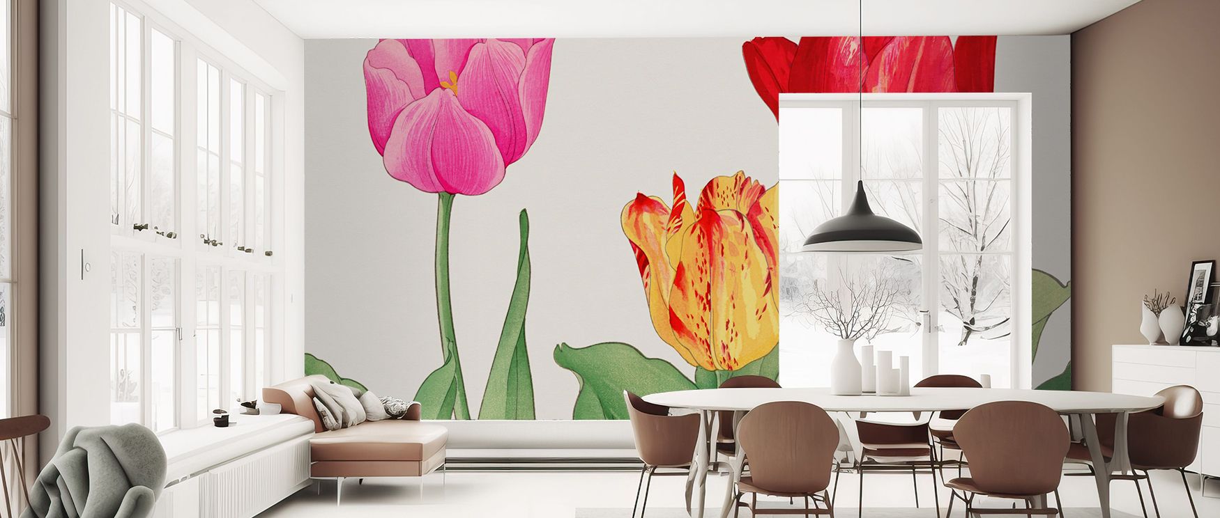 Petal edges feather into ground tones to preserve translucency; Tanigami Tulips Wallpaper protects the botanical hush. Bedrooms rest easier. Lines stay even. Depth breathes lightly. Seam logic is clean. Continuity holds. Elegance persists. 