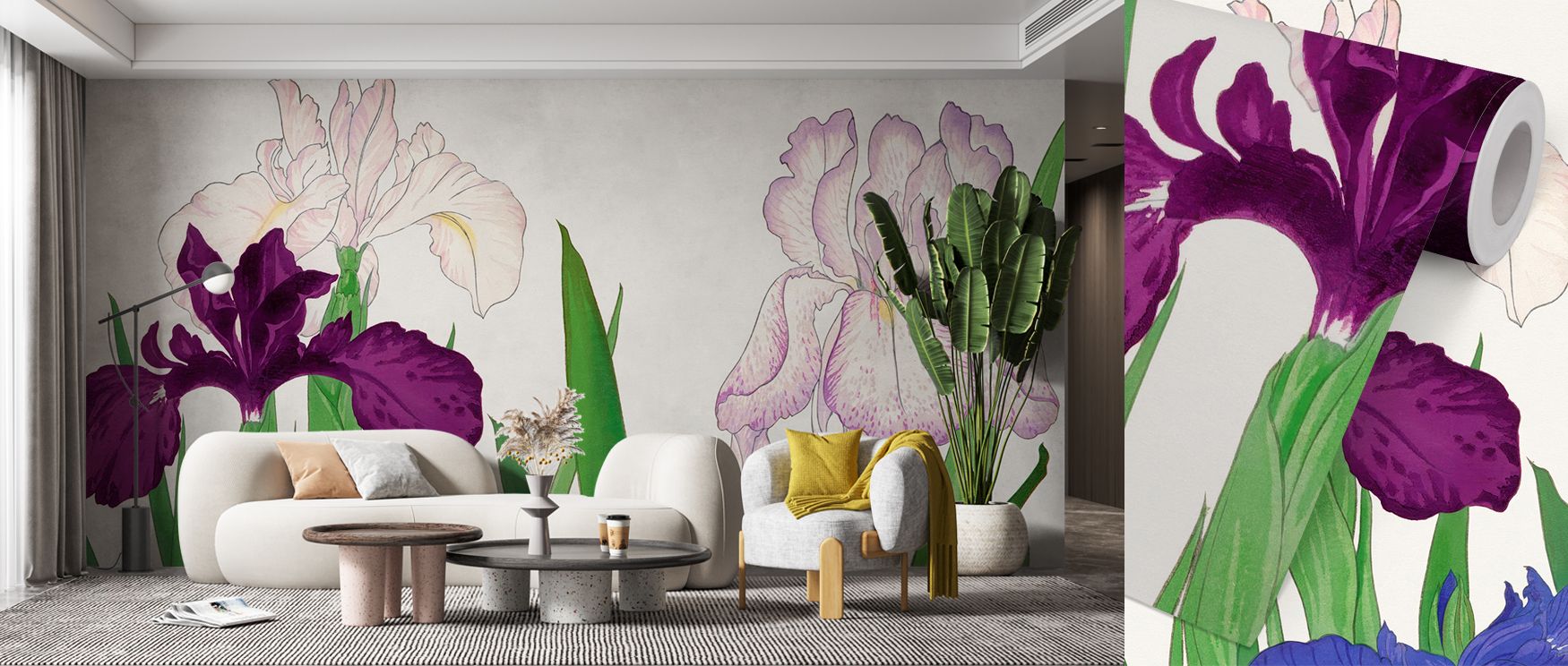 Gentle highlights touch petal tips for subtle sparkle, avoiding harshness. Tanigami Irises Wallpaper uses restraint. Living spaces gain quiet freshness. Surfaces glow lightly. Depth reads true. Harmony defines rhythm. Calmness persists steadily. The desig