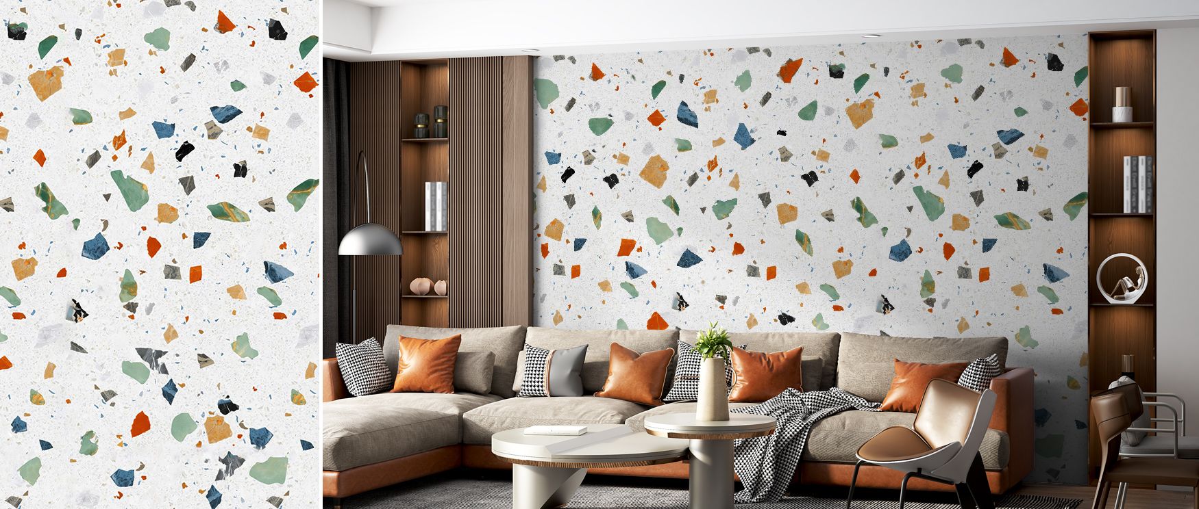 Colors vary from muted blues to terracotta and creams. Terrazzo Multi, Chalk Wallpaper sustains hues delicately. Dining areas feel inviting. Surfaces glow warmly. Imagery conveys charm. Balance persists evenly. Elegance defines surface. The design feels p