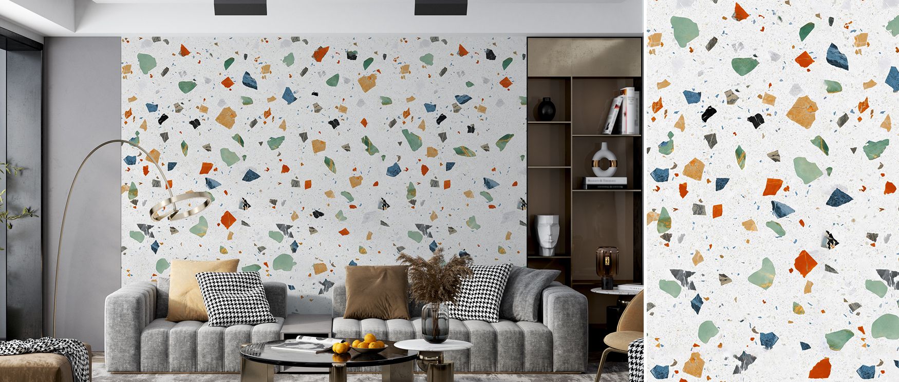 Scale alternation suggests motion across panels without noise. Terrazzo Multi, Chalk Wallpaper handles continuity well. Kitchens gain vibrancy. Surfaces breathe evenly. Imagery conveys order. Balance sustains tone. Elegance defines composition. Serenity l