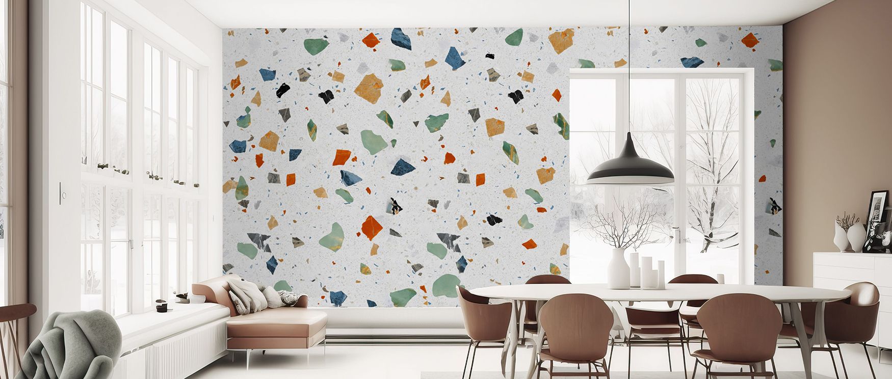 Fragment edges soften into grounds, avoiding harsh contrast. Terrazzo Multi, Chalk Wallpaper applies restraint. Bedrooms feel restful. Surfaces glow gently. Imagery conveys calm. Balance defines rhythm. Elegance sustains imagery. Serenity frames atmospher