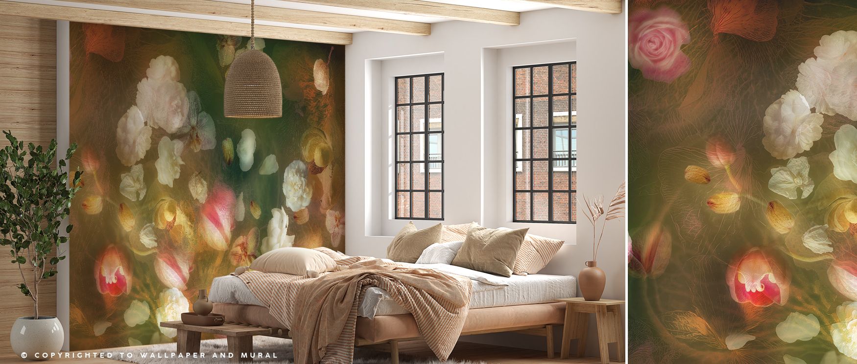 Blossoms glow under softened tones as evening light falls gently; The Floral Golden Hour Wallpaper sustains calm radiance. Bedrooms feel warm. Surfaces glow softly. Balance defines imagery. Elegance frames rhythm. Calm persists steadily. Atmosphere reads 